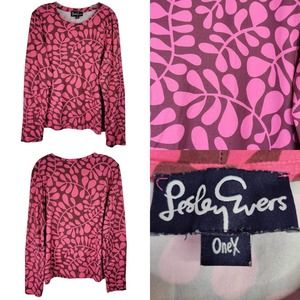 Lesley Evers Shirt Top Pink Vine Leaf Print Long Sleeve Blouse Size 1X Stretch